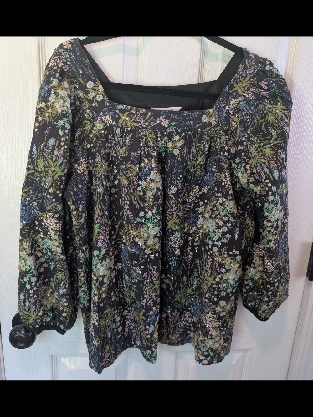 Lauren Conrad Black Floral Square-Neck Embellished Blouse Size L